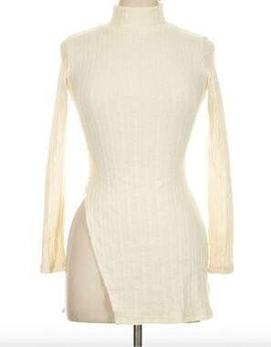 OGL Dress Size M Long Sleeve Mock Neck Cream Ribbed High Slit NEW